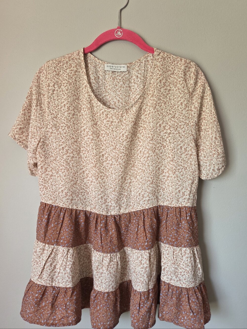 Paper Crane Cream and Brown Floral Tiered Short-Sleeve Tunic